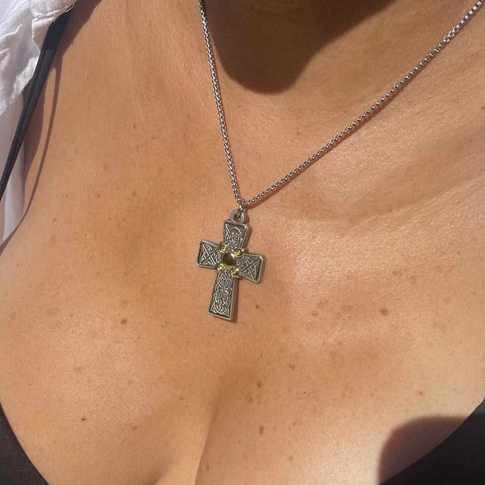 Celtic Cross 24k Gold and Sterling Silver with Green Peridot Gemstones Necklace with Chain