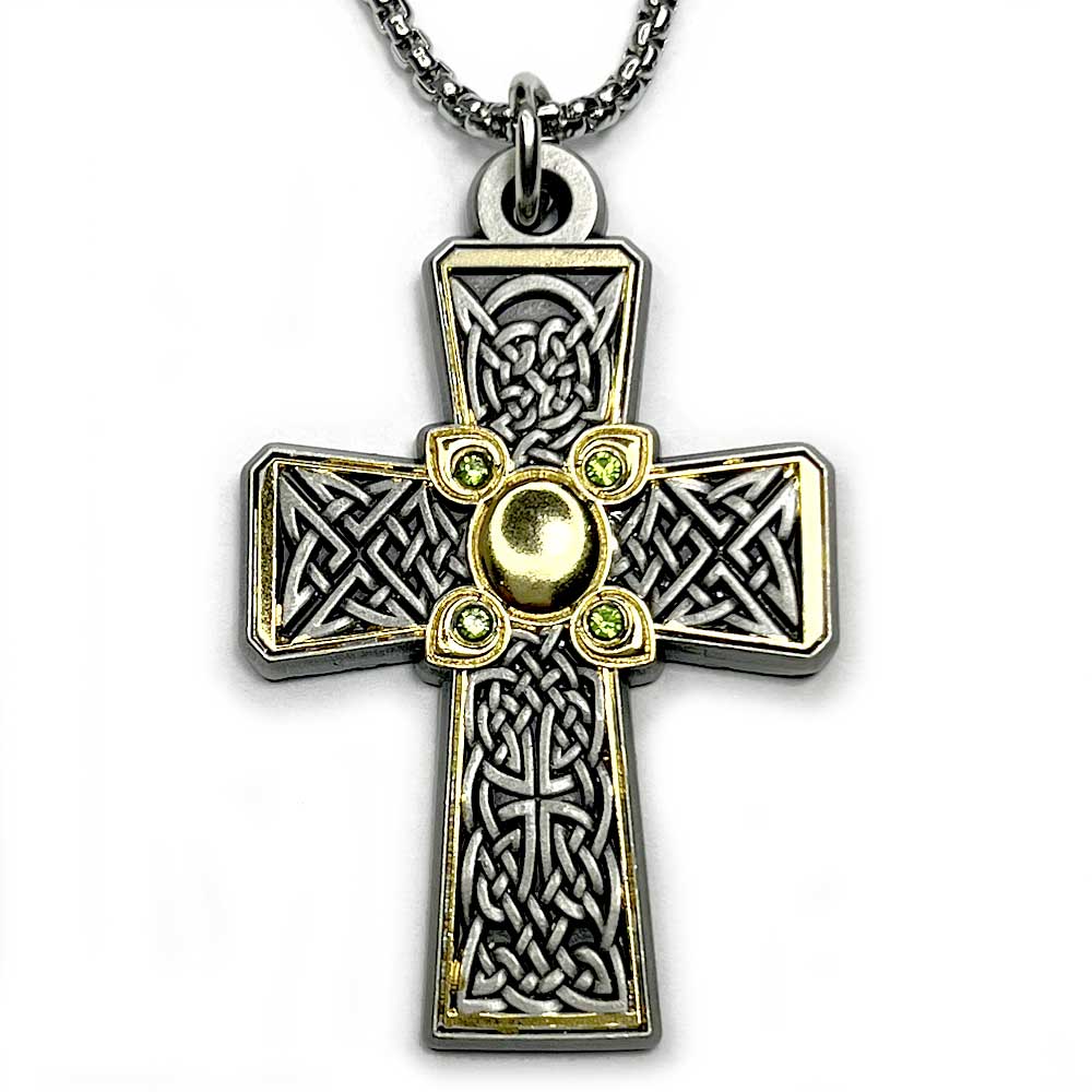 Celtic Cross 24k Gold and Sterling Silver with Green Peridot Gemstones Necklace with Chain