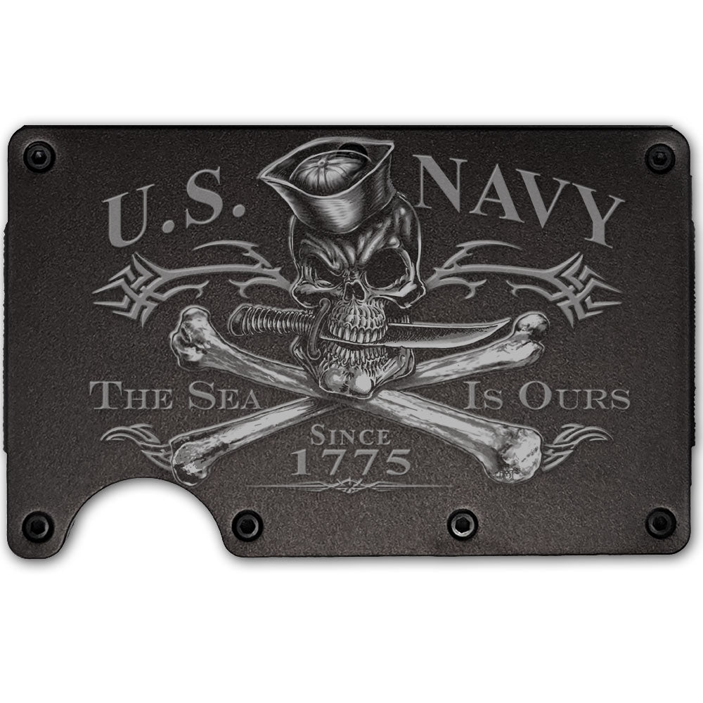 The Sea is Ours Jolly Roger US Navy Custom Laser Engraved Metal-Plate Cardholder Men’s Wallet