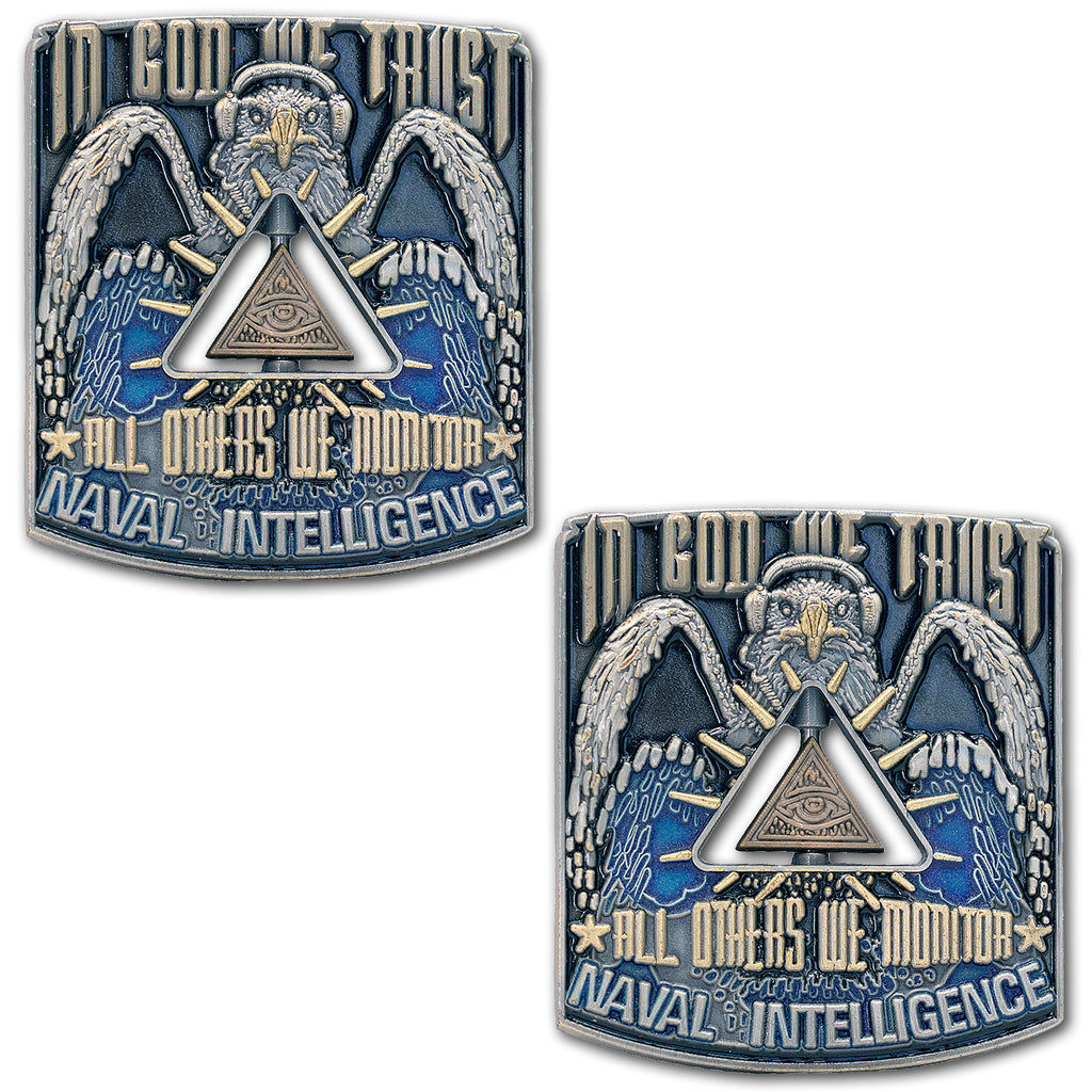 Naval Intelligence In God We Trust All Others We Monitor Spinner Navy Veteran Collectible Challenge Coin