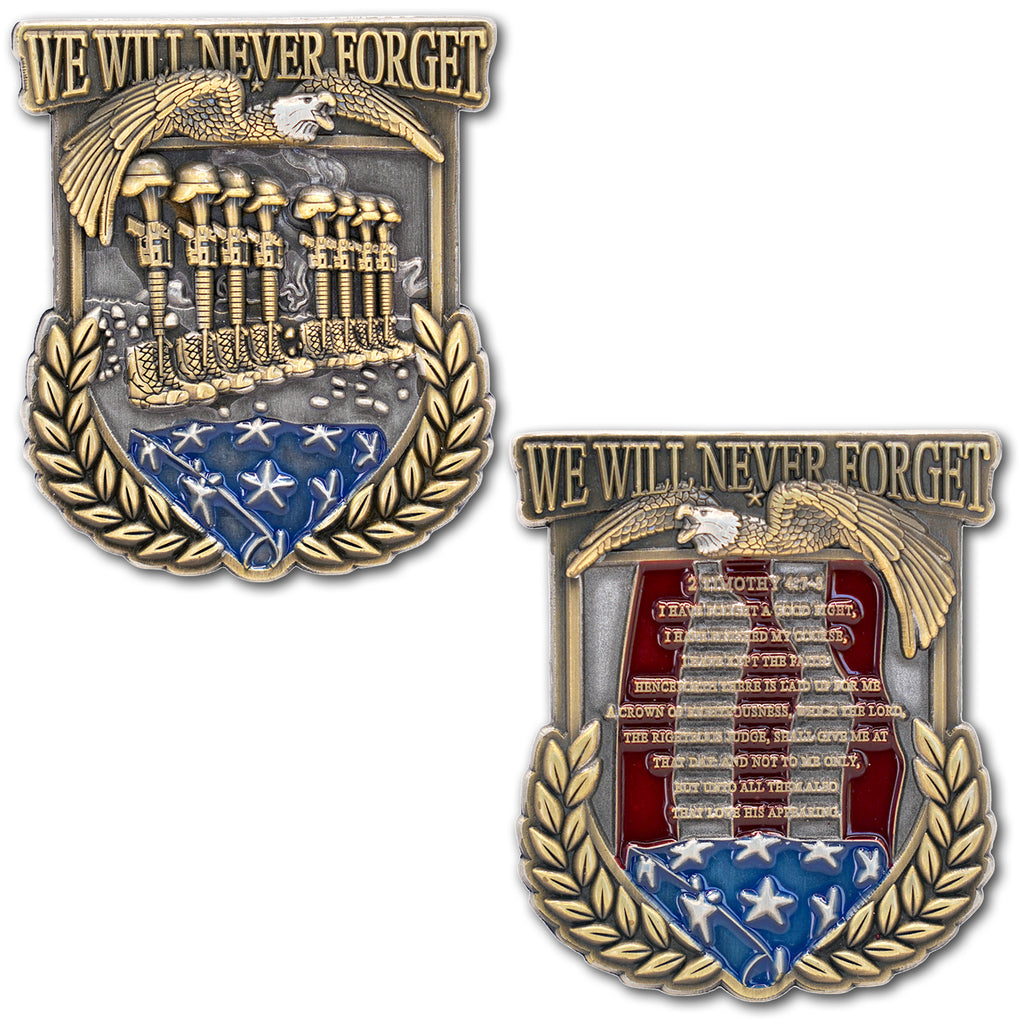 We Will Never Forget Memorial Timothy 4:7-8 Military Veteran Collectible Challenge Coin