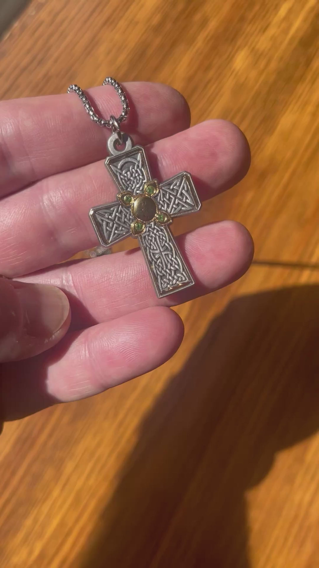 Celtic Cross 24k Gold and Sterling Silver with Green Peridot Gemstones Necklace with Chain